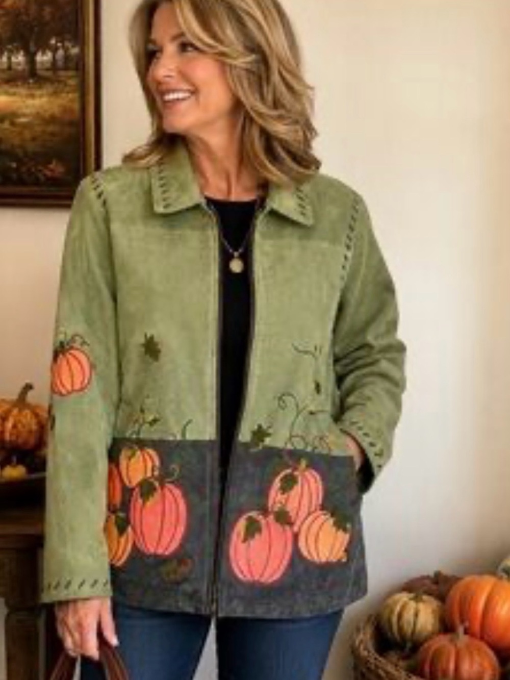 Quacker Factory Women’s Vintage 100% Leather Suede Embroidered Pumpkin Jacket L